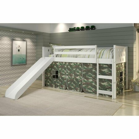 KD GABINETES PD-780ATW-C-785W Twin Size Circles Low Loft with Slide & Camo Tent in White KD3177767